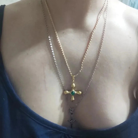 Green Onyx 18KGold Plated Stainless Steel Waterproof  Stone Cross Necklace - Picture 10 of 16